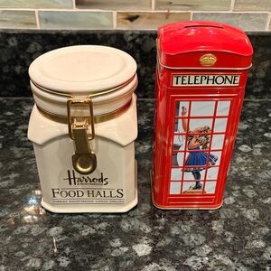 Harrods Vintage Set of 2 Cream Ceramic Canister and Red Metal Canister Bank